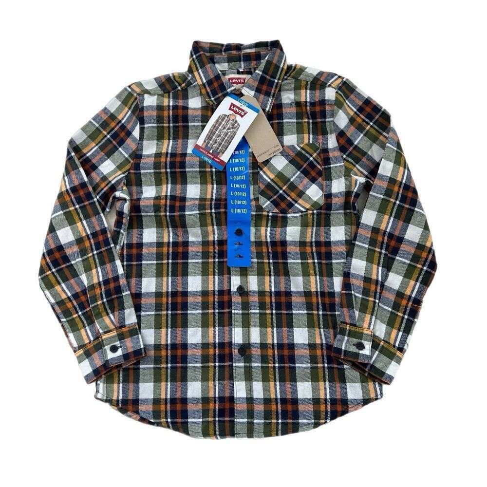 Levi’s Boys Plaid Long Sleeve Button Up Shirt Size Large 10/12 Fleece NEW